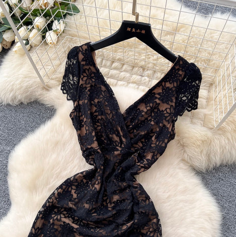 Cross V-neck Embroidered Lace Dress