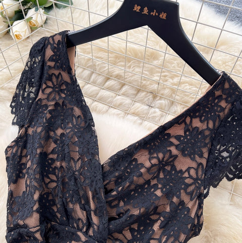 Cross V-neck Embroidered Lace Dress