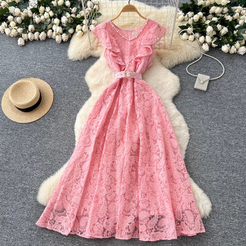 Beaded V-neck Crochet Lace Dress