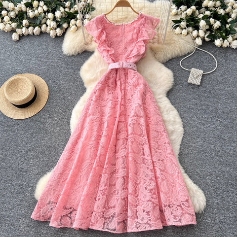 Beaded V-neck Crochet Lace Dress