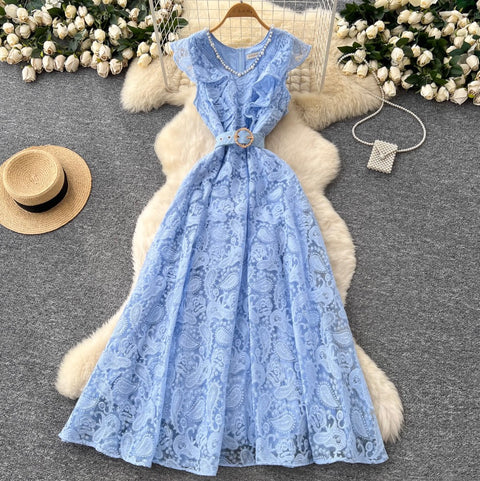 Beaded V-neck Crochet Lace Dress