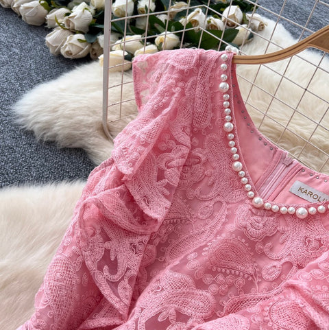 Beaded V-neck Crochet Lace Dress