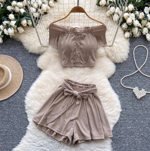 Off-shoulder Top & Lace-up Shorts 2Pcs
