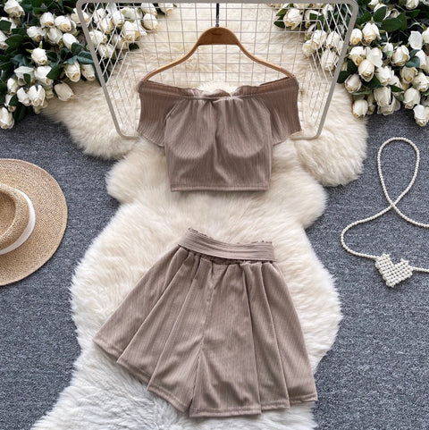 Off-shoulder Top & Lace-up Shorts 2Pcs