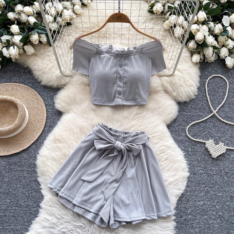 Off-shoulder Top & Lace-up Shorts 2Pcs