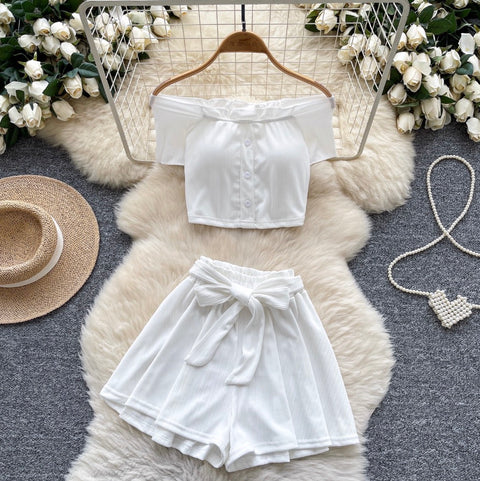 Off-shoulder Top & Lace-up Shorts 2Pcs