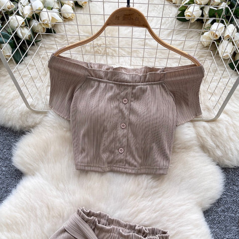 Off-shoulder Top & Lace-up Shorts 2Pcs