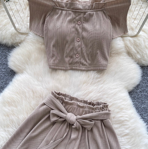 Off-shoulder Top & Lace-up Shorts 2Pcs