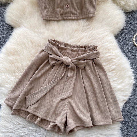 Off-shoulder Top & Lace-up Shorts 2Pcs