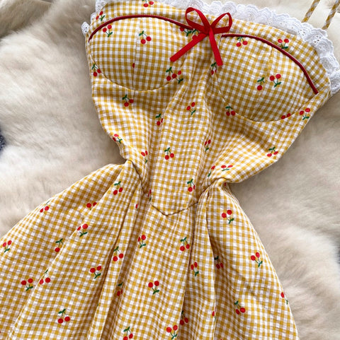 Sweetie Lace Trim Plaid Slip Dress