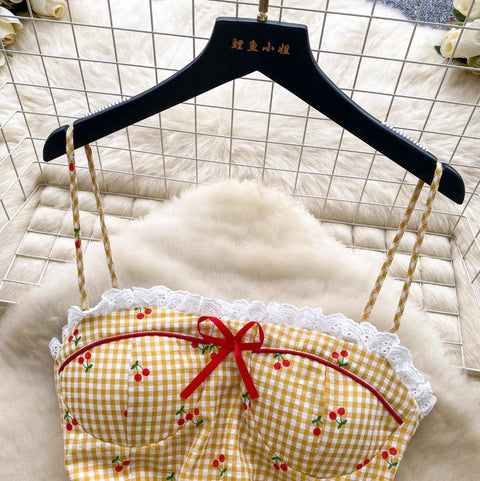 Sweetie Lace Trim Plaid Slip Dress