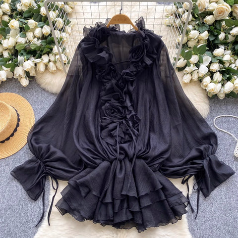 High-end Flared Sleeve Ruffled Top