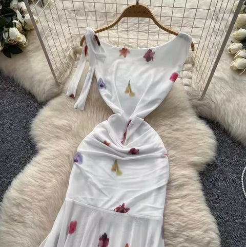 Elegant Printed Fishtail White Dress