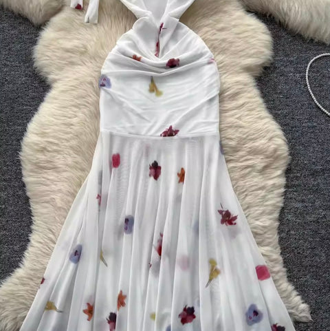 Elegant Printed Fishtail White Dress