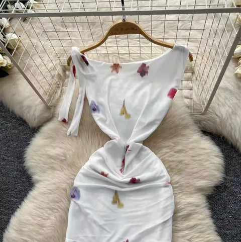 Elegant Printed Fishtail White Dress