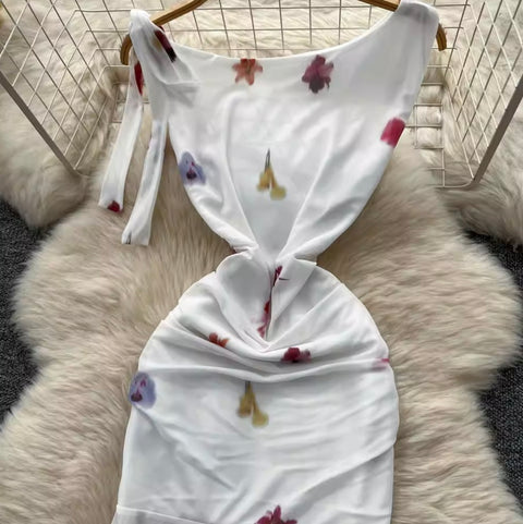 Elegant Printed Fishtail White Dress