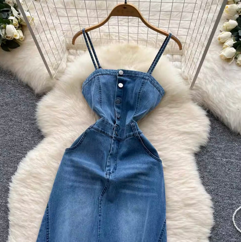 Single-breasted Denim Slip Dress
