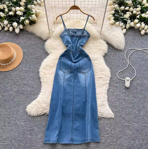 Single-breasted Denim Slip Dress