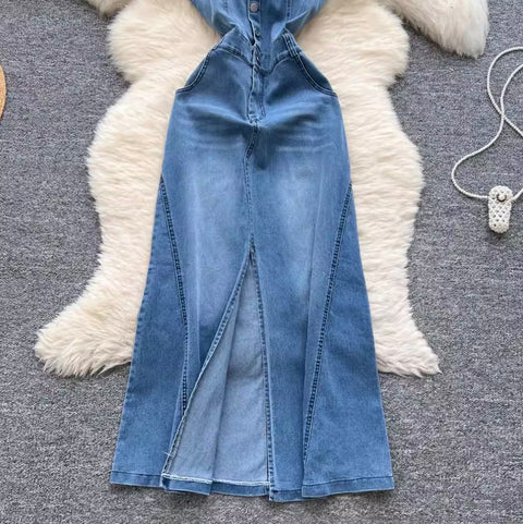 Single-breasted Denim Slip Dress