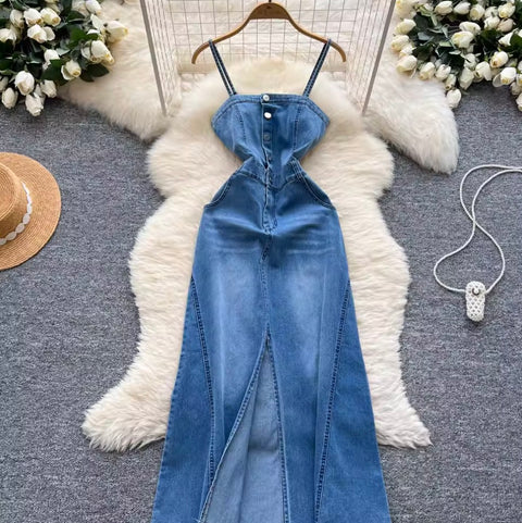 Single-breasted Denim Slip Dress