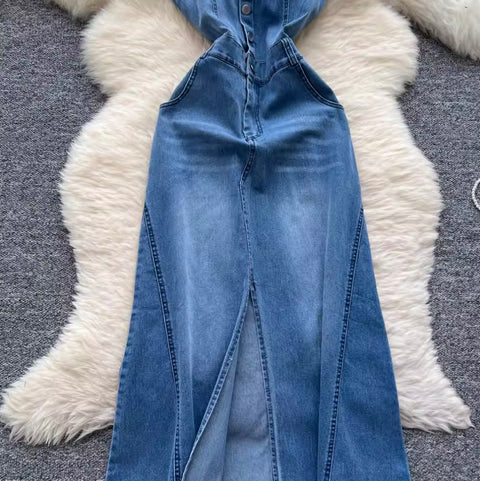 Single-breasted Denim Slip Dress