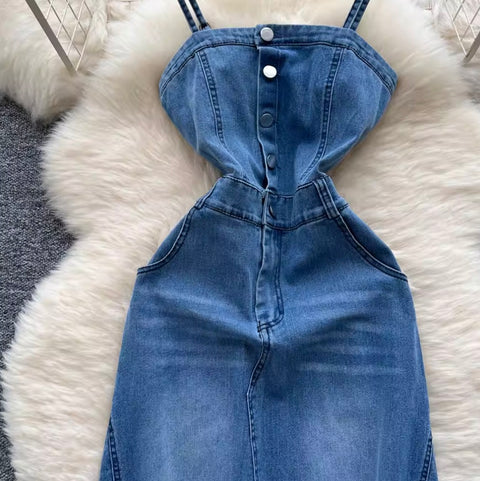 Single-breasted Denim Slip Dress
