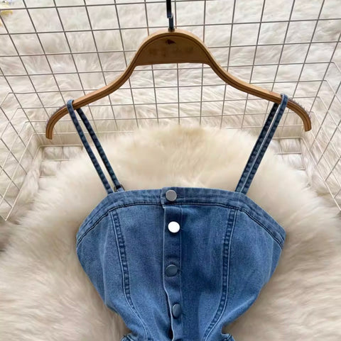 Single-breasted Denim Slip Dress