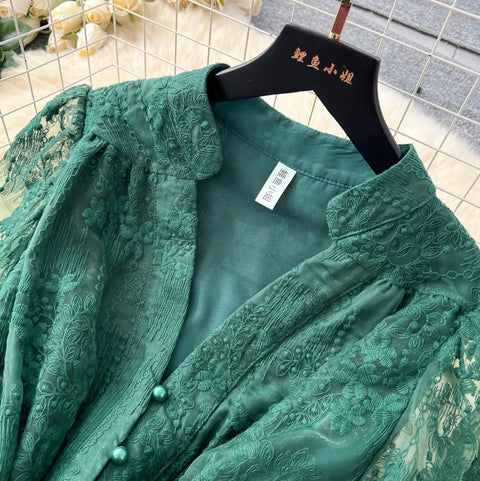 V-neck Embroidered Lace-up Dress