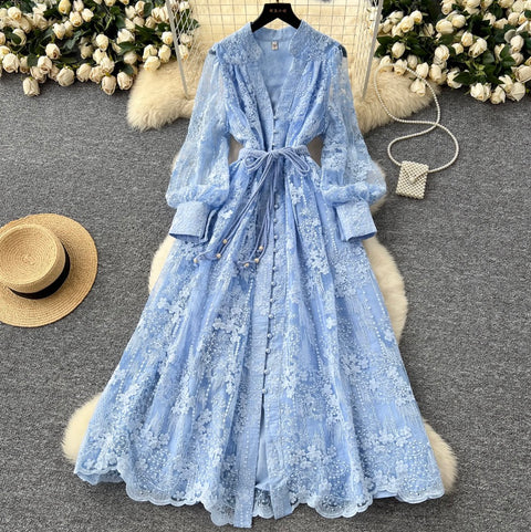 V-neck Embroidered Lace-up Dress
