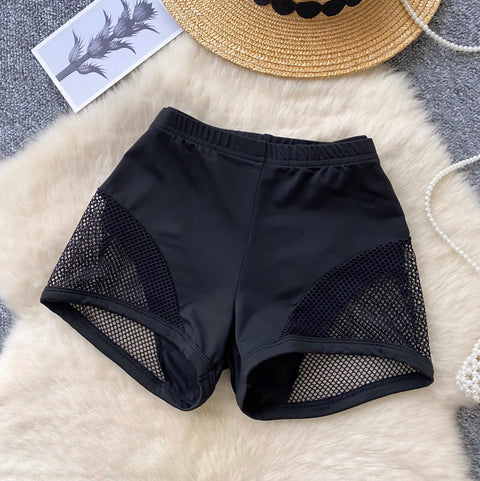 Sexy Black Hollowed Mesh Patchwork Shorts
