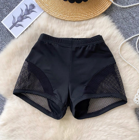 Sexy Black Hollowed Mesh Patchwork Shorts