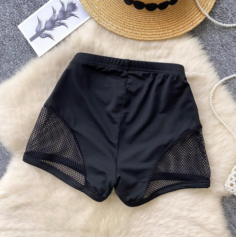 Sexy Black Hollowed Mesh Patchwork Shorts