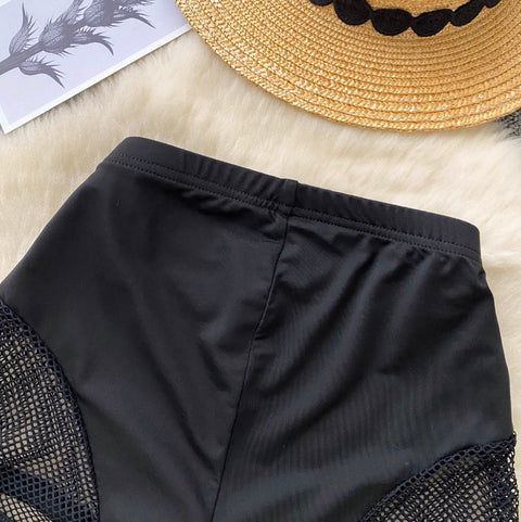 Sexy Black Hollowed Mesh Patchwork Shorts