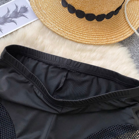 Sexy Black Hollowed Mesh Patchwork Shorts