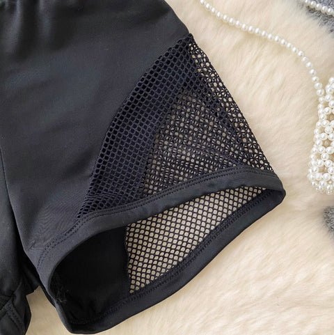 Sexy Black Hollowed Mesh Patchwork Shorts