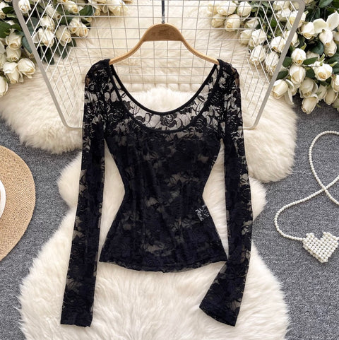 Black Floral Embroidered Bottoming Shirt