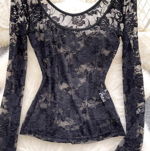 Black Floral Embroidered Bottoming Shirt