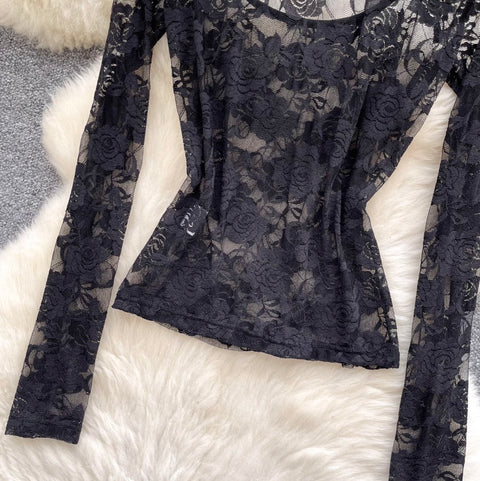 Black Floral Embroidered Bottoming Shirt