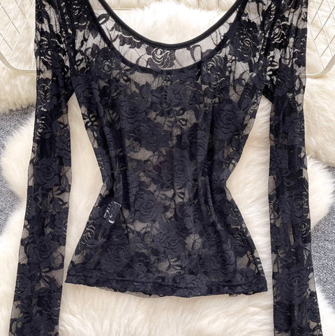 Black Floral Embroidered Bottoming Shirt