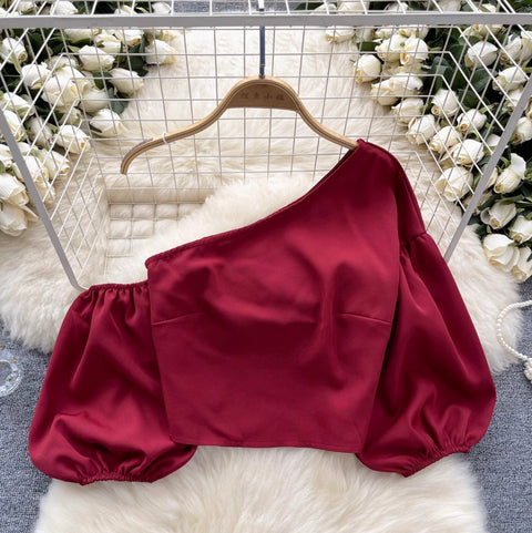 Slant Neckline Puffy Sleeve Top