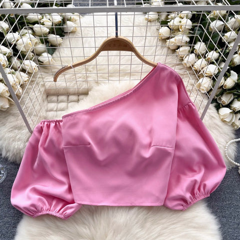 Slant Neckline Puffy Sleeve Top