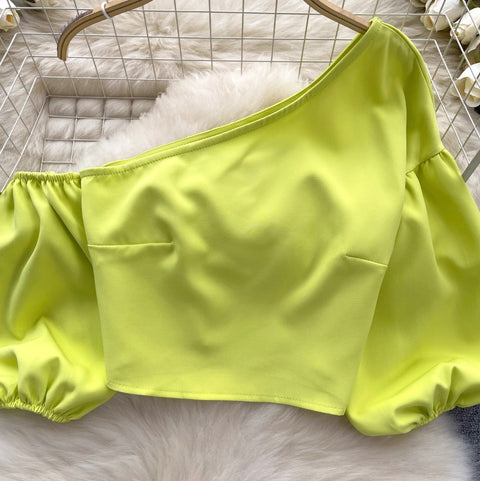 Slant Neckline Puffy Sleeve Top