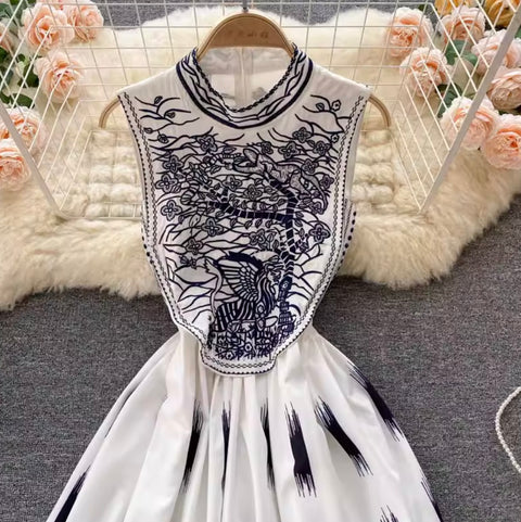 Courtly Embroidered Sleeveless Dress
