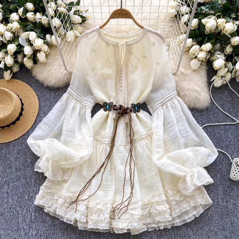 Courtly Embroidered Ruffled Apricot Dress