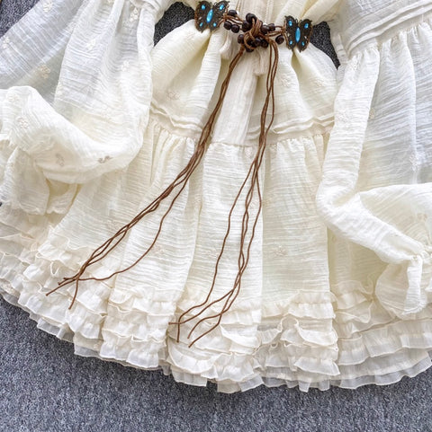 Courtly Embroidered Ruffled Apricot Dress