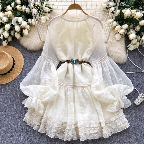 Courtly Embroidered Ruffled Apricot Dress