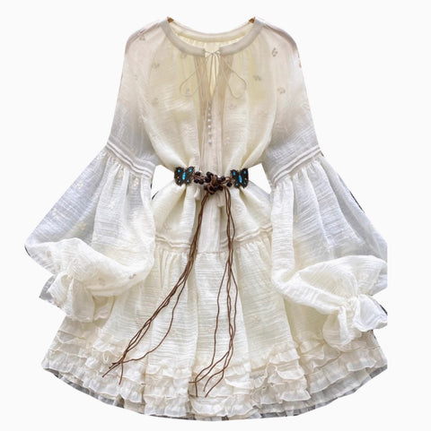 Courtly Embroidered Ruffled Apricot Dress