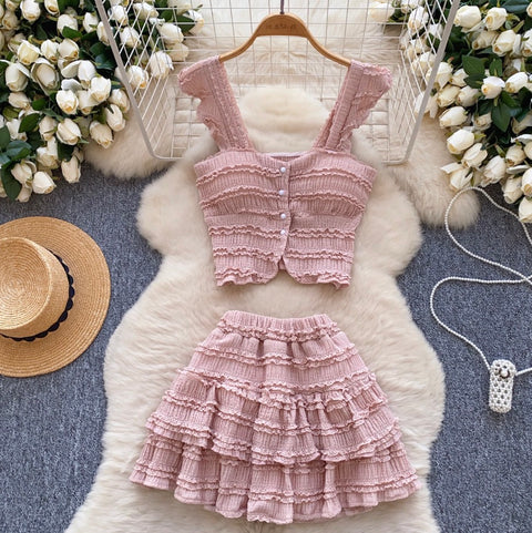 Chic Ruffled Camisole & Skirt 2Pcs