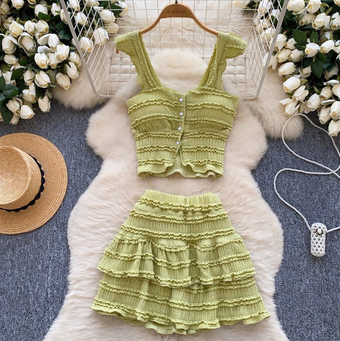 Chic Ruffled Camisole & Skirt 2Pcs