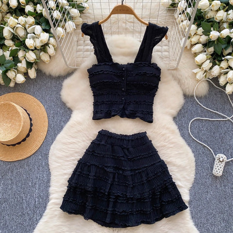 Chic Ruffled Camisole & Skirt 2Pcs